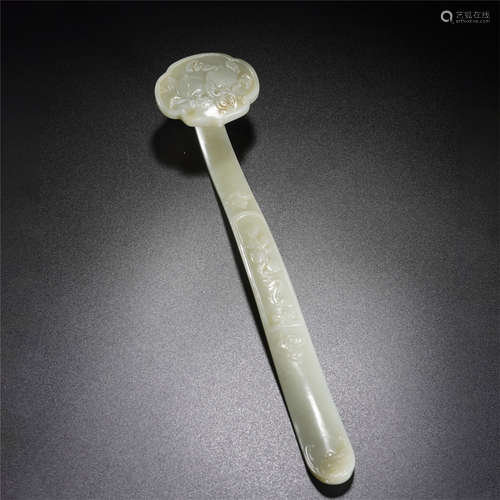 A WHITE JADE RUYI SCEPTER CARVED FU AND SHOU