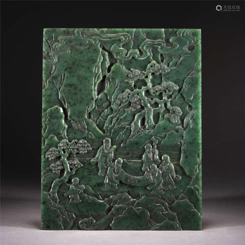 A JASPER CARVED FIGURE STORY TABLE SCREEN