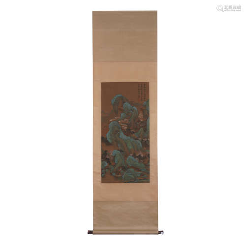 A CHINESE SCROLL PAINTING OF GREEN MOUNTAINS LANDSCAPE