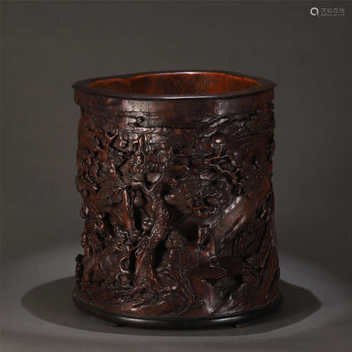 AN CHENXIANG CARVED FIGURE STORY BRUSH POT
