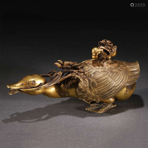 A GILT BRONZE DUCK SHAPED WATER DROP