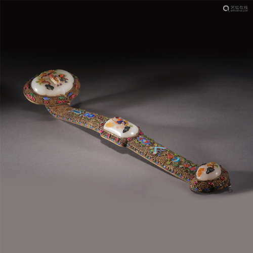 A GILT SILVER INLAID JADE RUYI SCEPTER DECORATIONS