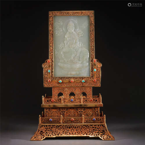 A WHITE JADE CARVED BUDDHA TABLE SCREEN