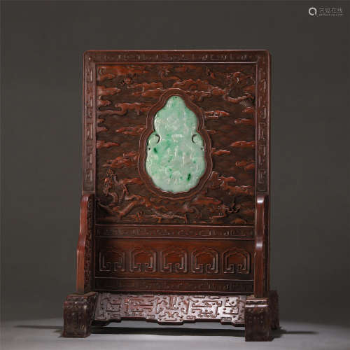 A HUANGHUALI INLAID JADEITE GOURD TABLE SCREEN