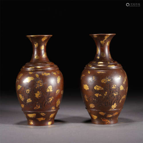 A PAIR OF BRONZE INLAID GOLD VIEWS VASES