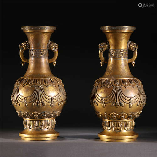 A PAIR OF GILT BRONZE VASES