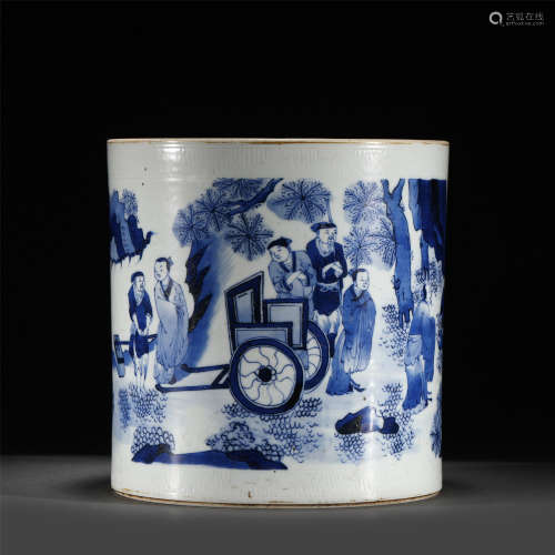 A BLUE AND WHITE PORCELAIN BRUSH POT/MING DYNASTY