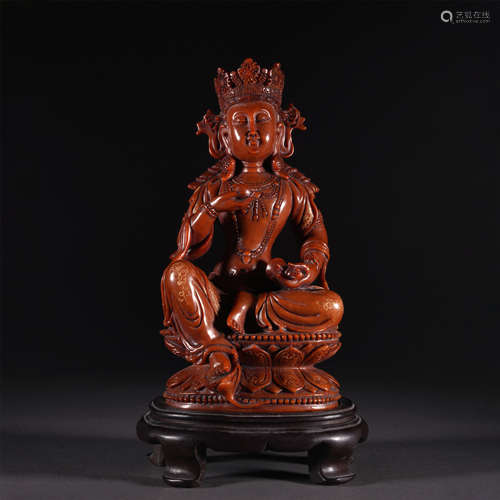 A SHOUSHAN STONE CARVED GUANYIN BUDDHA SEATED STATUE