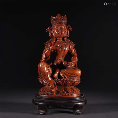 A SHOUSHAN STONE CARVED GUANYIN BUDDHA SEATED STATUE