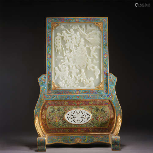 A CLOISONNE ENAMEL INLAID WHITE JADE TABLE SCREEN