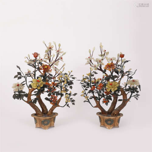 A PAIR OF CLOISONNE WITH GEMSTONE FLOWERS POTTED LANDSCAPE