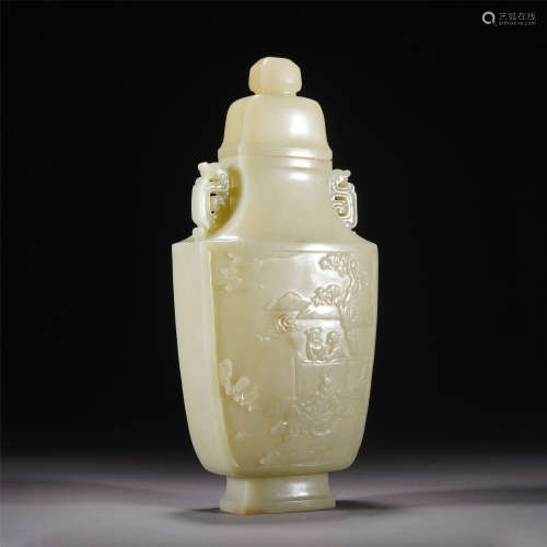 A WHITE JADE VIEWS VASE CARVED FIGURE STORY