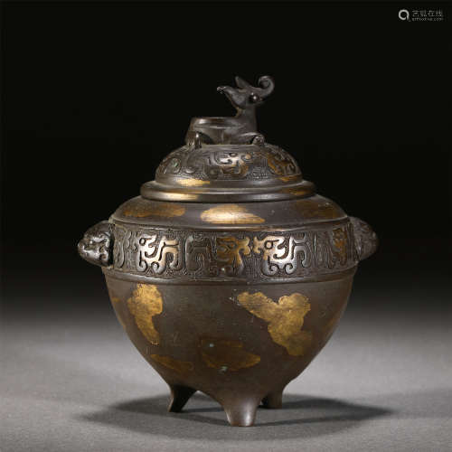 A BRONZE INLAIND GOLD INCENSE CAGE