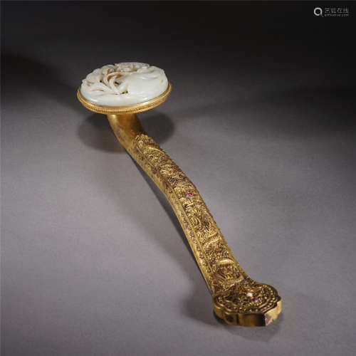 A GILT BRONZE INLAID JADE RUYI SCEPTER DECORATIONS