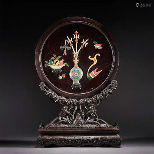 A CHINESE BOGU ROUND TABLE SCREEN WITH GEMSTONES INLAIDED