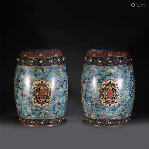 A PAIR OF CLOISONNE ROUND STOOLS