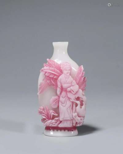 Pink Overlay White Glass Figure Snuff Bottle