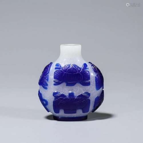 Blue Overlay White Glass Eight Treasures Snuff Bottle