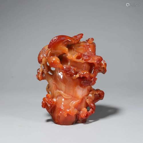 Carved Agate Magpie and Prunus Flower Vase