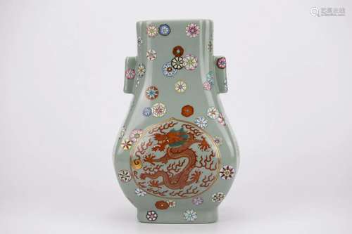 Celadon Glaze Famille Rose Dragon Pierced Vase