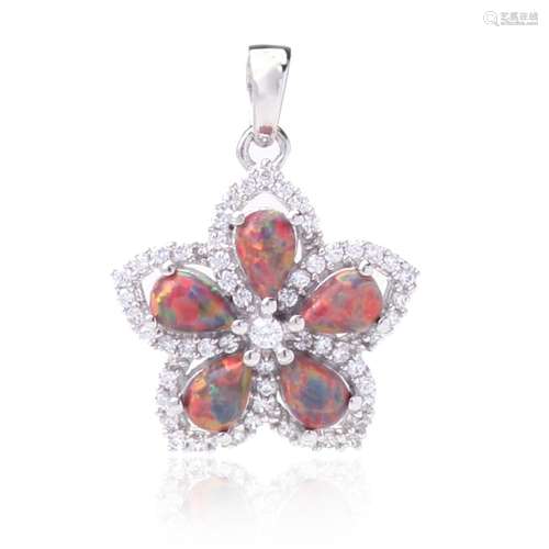 Sterling Silver Red Opal And Zircon Flower Pendant