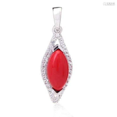 Sterling Silver Syn Red Coral White Zircon Pendant