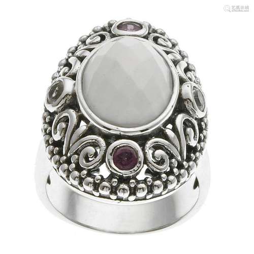 Sterling Silver White Agate & Gemstones Ring-SZ 5