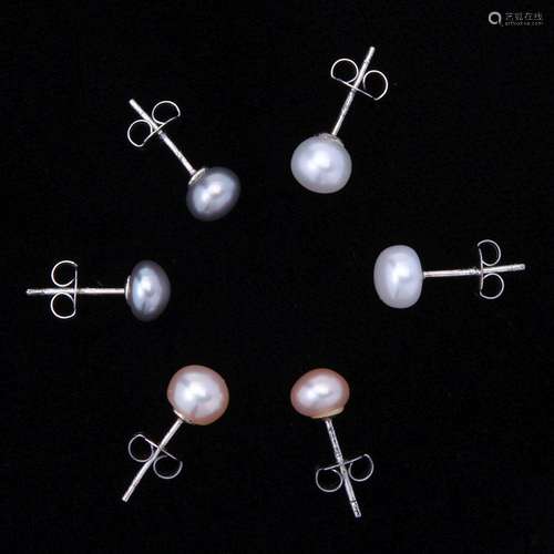 Sterling Silver Pearl Stud Earring Set of 3