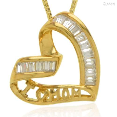 14K Over Sterling White CZ Love MOM Heart Pendant