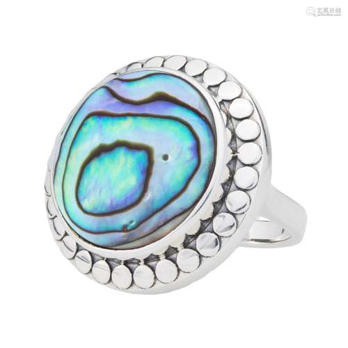 Sterling Silver 18mm Abalone Beaded Halo Ring-SZ 5