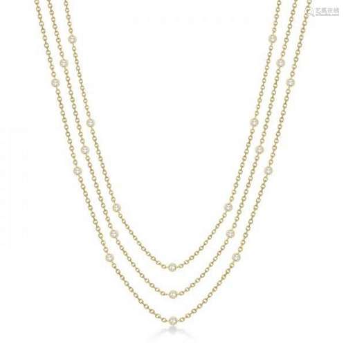 Three-Strand Diamond Station Necklace in 14k Yellow Gol