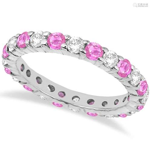 Eternity Diamond and Pink Sapphire Ring Band 14k White