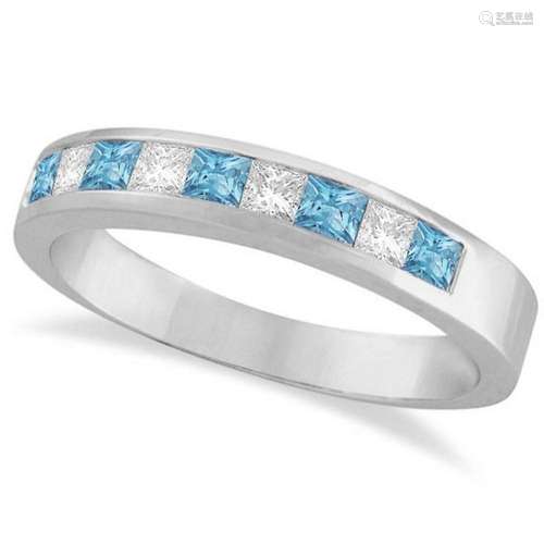 Princess Channel-Set Diamond and Aquamarine Ring Band 1