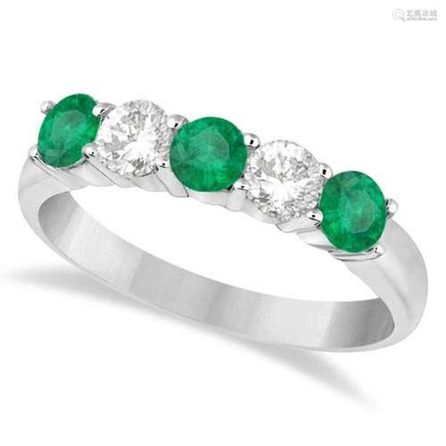 Five Stone Diamond and Emerald Ring 14k White Gold 1.08