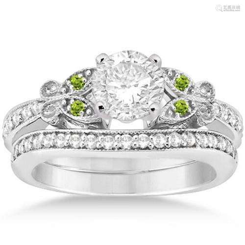 Butterfly Diamond and Peridot Bridal Set 14k White Gold