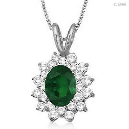 Emerald and Diamond Accented Pendant 14k White Gold 1.6