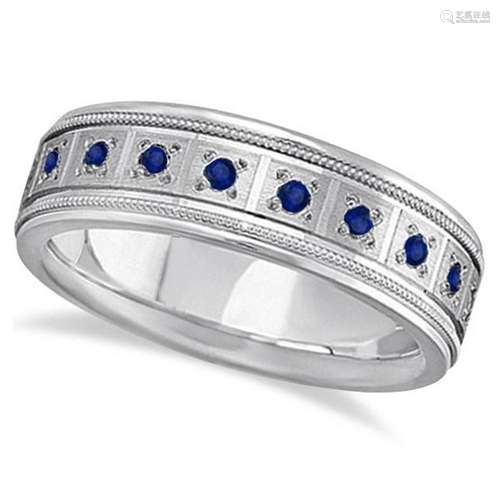 Blue Sapphire Ring for Men Wedding Band 14k White Gold