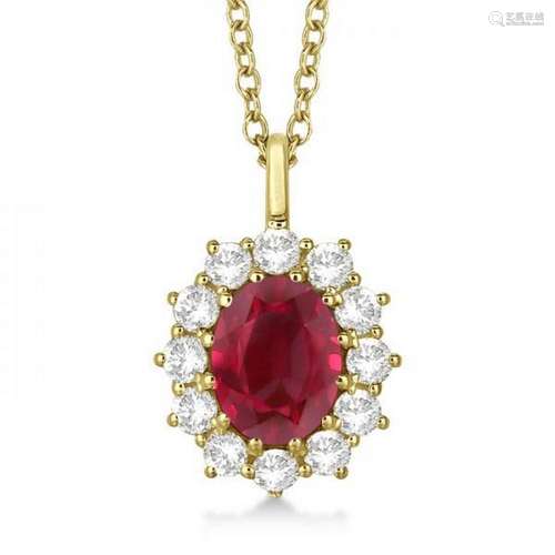 Oval Ruby and Diamond Pendant Necklace 14k Yellow Gold