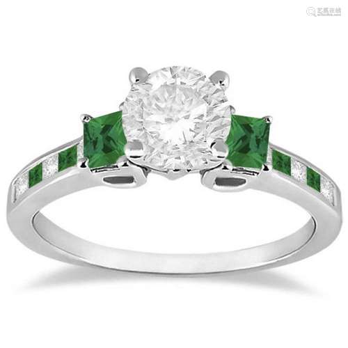 Princess Cut Diamond and Emerald Engagement Ring 18k Wh