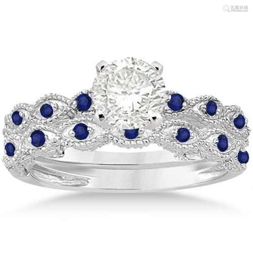 Antique style Blue Sapphire Engagement Ring Set 14k Whi