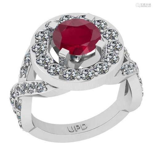 3.80 Ctw SI2/I1Ruby And Diamond 14K White Gold Cocktail