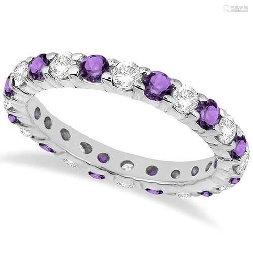 Eternity Diamond and Amethyst Ring Band 14k White Gold