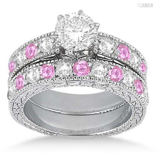 Antique style Diamond and Pink Sapphire Bridal Set 14k