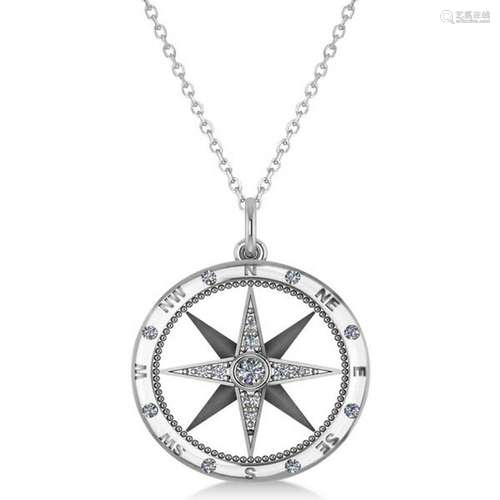 Compass Necklace Pendant Diamond Accented 14k White Gol