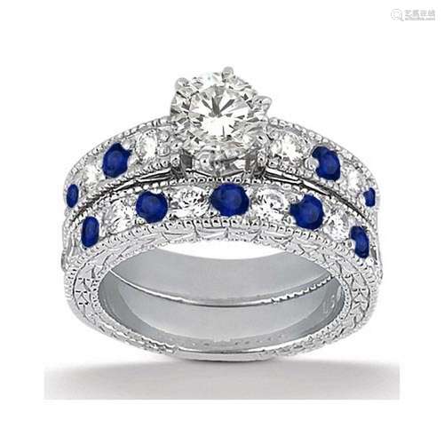 Antique style Diamond and Blue Sapphire Bridal Set 14k