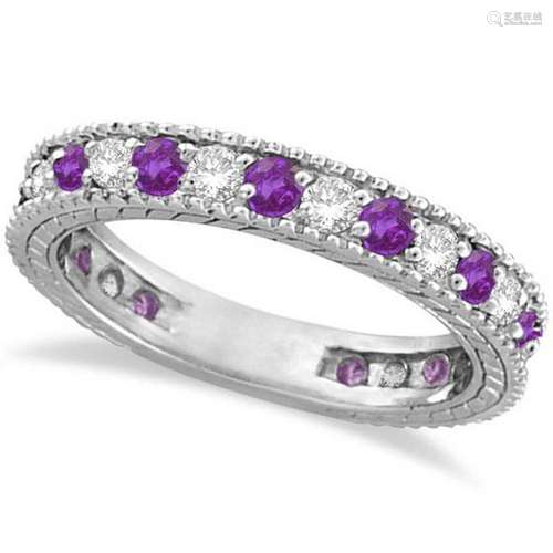 Diamond and Amethyst Eternity Ring Band 14k White Gold