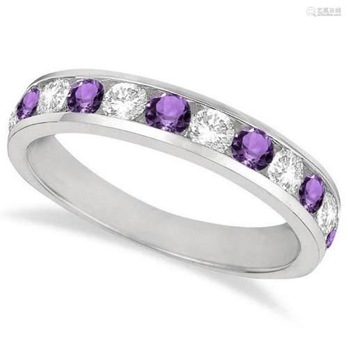 Channel-Set Amethyst and Diamond Ring Band 14k White Go