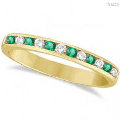 Channel-Set Emerald and Diamond Ring Band 14k Yellow Go