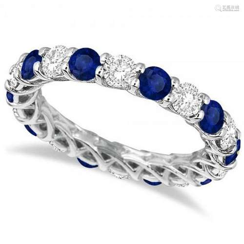 Luxury Diamond and Blue Sapphire Eternity Ring Band 14k