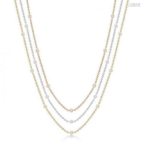 Three-Strand Diamond Station Necklace in 14k Three-Tone